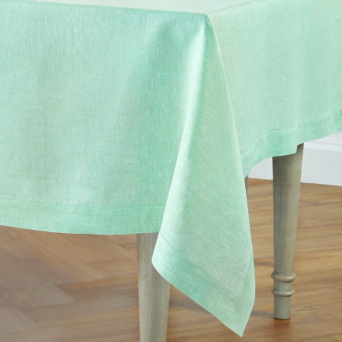 Solino Home Linen Tablecloth 60 x 108 Inch - 100% Pure Linen Chambray Aqua Table Cloth for Rectangle Tables - Athena, Machine Washable Tablecloth for Winter, Spring, Easter