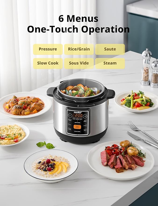 COMFEE??7-in-1 Small Electric Pressure Cooker, Slow Cooker, Steamer, Saut챕, Sous Vide, Warmer, Multi Cooker with Natural Ceramic Coated Non-Stick Pot, 3 Quarts