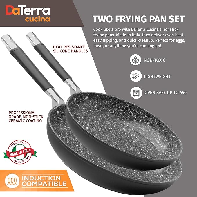 DaTerra Cucina Nonstick 2-Piece Induction Frying Bundle ??9.5" Ceramic Fry Pan & 11" Ceramic Frying Pan with Lid ??Oven & Induction Safe, Nonstick Cookware, PTFE & PFOA Free - Made in Italy, Black