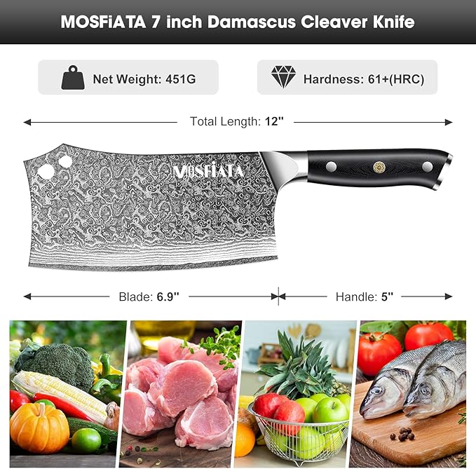 MOSFiATA Damascus 7??Cleaver Knife竊똗ltra Sharp Vegetable and Meat Butcher Knife with Finger Guard for Home Kitchen and Restaurant