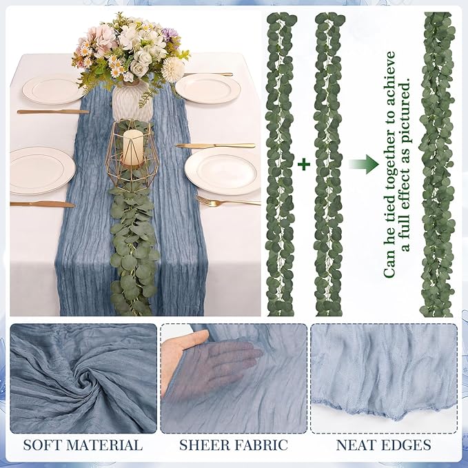 Gilprop 60 Pack Dusty Blue Cheesecloth Table Runner Decor Set 10 ft Table Runner & 7.9ft Artificial Eucalyptus Garland Boho Gauze Fabric Centerpiece for Wedding, Bridal Baby Shower, Party Decorations