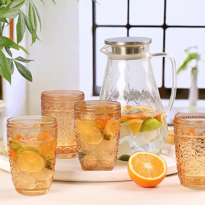 abrwyy Amber Glassware set of 6, Amber Drinking Glasses, Vintage Drinking Glasses, 14oz Colored Old Fashioned Glass Cups, Highball Glasses Set for Home Party Wedding