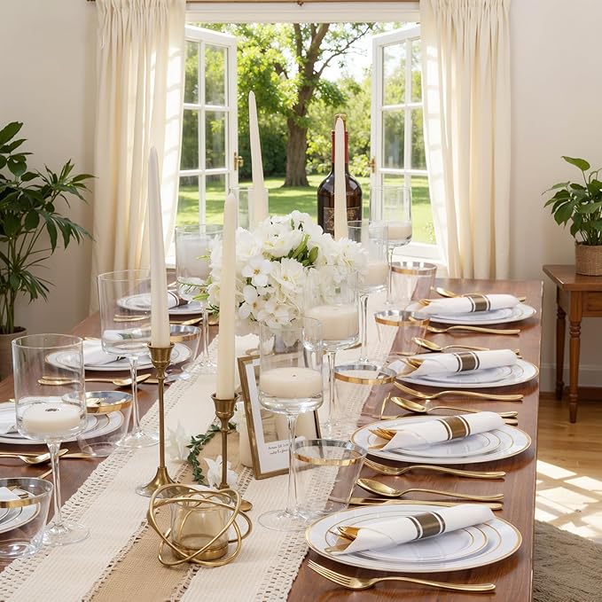 350Piece Gold Dinnerware Set for 50 Guests - Gold Plastic Plates with Disposable Cutlery Include:50Dinner Plates-50Dessert Plates-50Pre Rolled Napkins with Silverware for Valentine?셲 Day