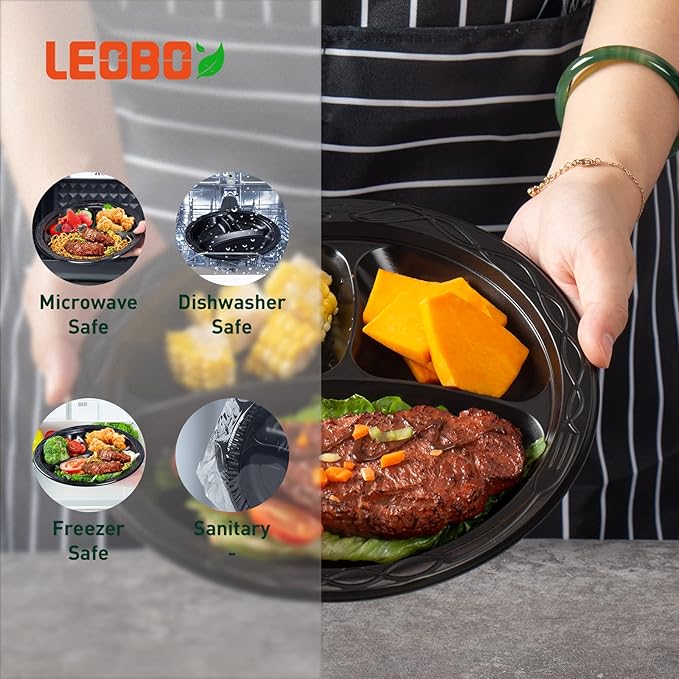 Plastic Plates Mineral Filled PP 9" - 150 Pack Shrink Wrap BPA Free Dinner Tray | Dishwasher & Microwave Safe | 3 Compartment Heavy Duty Black Reusable & Disposable Plate for Party Catering