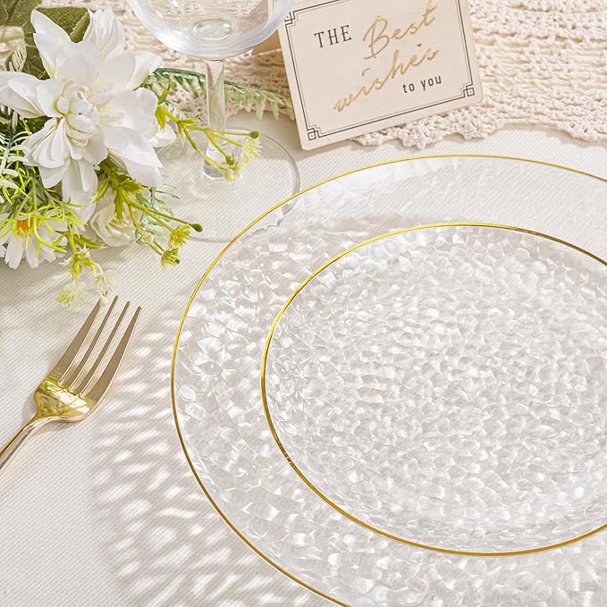 SUT 36Pcs Clear Plastic Plates, Hammered Plates Disposable Heavy Duty, Clear Disposable Plates With Gold Rim, Fancy Plastic plates Include 18 Dinner plate and 18 Dessert plate for Wedding