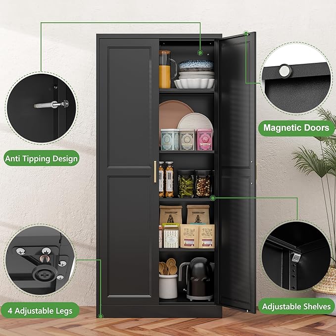 71" Kitchen Pantry Storage Cabinet,Black Tall Storage Cabinet With Doors and Shelves,Metal Food Pantry Cabinets for Kitchen Storage,Freestanding Cupboard for Dining Living Room,Assemble Required