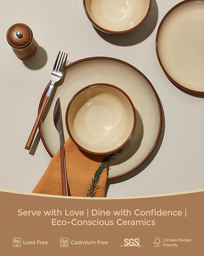 Dinnerware Sets with Double Bowls Service for 8, Brown Yellow