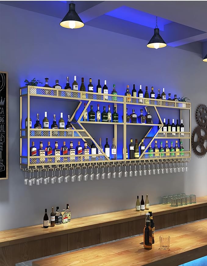 79 Inch Metal Wine Rack Wall Mounted, Modern Bar Shelves Wall Mounted Wine Rack with LED Light, Liquor Shelf Wall Mounted, Bar Shelves for Liquor Bottles (Gold with Blue led, 79-3 Tier)