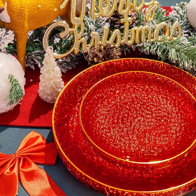 SUT 100Pcs Red Plastic Plates, Hammered Plates Disposable Heavy Duty, Red Disposable Plates With Gold Rim, Fancy Plastic plates Include 50 Dinner Plate and 50 Dessert Plate for Wedding