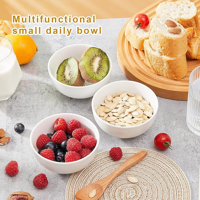 AntoKueh White 4.5in Small Ceramic Bowls, 12 OZ Cereal Bowls Set of 6 for Dessert, Rice, Jello, Pudding, Yogurt, Dishwasher/Microwave safe, Bone China