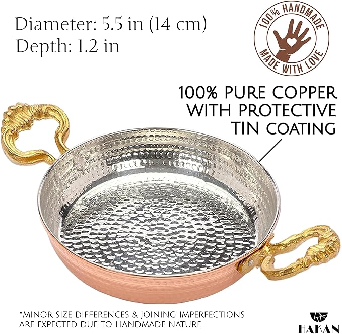 Hakan Copper Egg Pan for Cooking | Handmade Small Frying Pan | Hammered Skillet with Double Handles for Omelette | Authentic Kitchen Cookware & Copper Gifts Idea, 5.5??(14 cm)