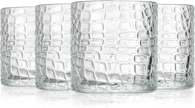 Glaver's DOF Set of 4 Clear 13oz Drinking Glasses Patent Crackle Textured Design Double Old Fashioned Whiskey Glasses Home Everyday Bar Glassware