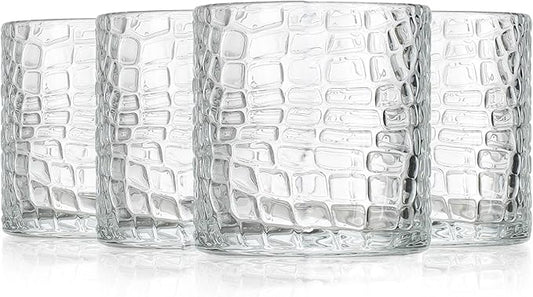 Glaver's DOF Set of 4 Clear 13oz Drinking Glasses Patent Crackle Textured Design Double Old Fashioned Whiskey Glasses Home Everyday Bar Glassware