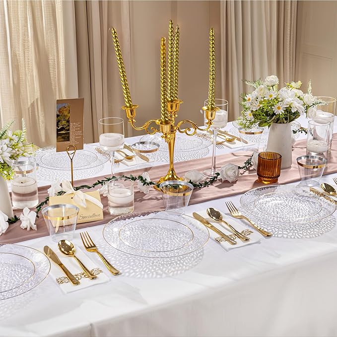 DaYammi 60PCS Clear Gold Plastic Plates Disposable Hammered Heavy Duty Platos Premium 10inch Dinner Plates Hard Plastic Platos Disposable for Party Wedding Bridal Shower