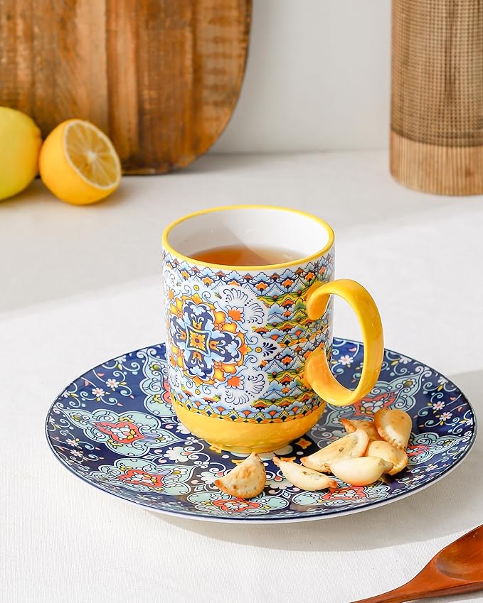 HENXFEN LEAD Boho Ceramic Coffee Mugs Set of 6 ??14 oz Porcelain Cups for Latte, Cappuccino, Tea & Cocoa ??Microwave & Dishwasher Safe