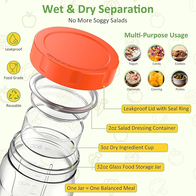 4Pack Glass Salad Jars with Lids, 32oz Salads Mason Jars with Wet/Dry Separation Cup, Meal Prep Salad Containers for Lunch, Leakproof Wide Mouth Food Storage Containers, BPA-Free Reusable (Orange)