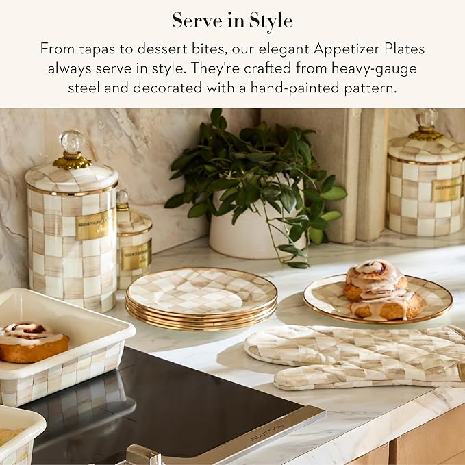 MACKENZIE-CHILDS Set of 4 Enamel Appetizer Plates, Decorative Dinnerware Plate, 5 Inches, Brown-and-White Mocha Check