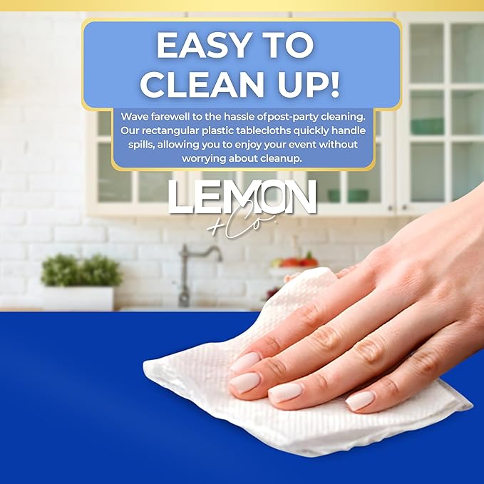 LEMON + Co. Blue Rectangle Table Cover Disposable Plastic Tablecloth 54 Inch. x 108 Inch. Premium Decorative Rectangle Table Cover 10 Pack