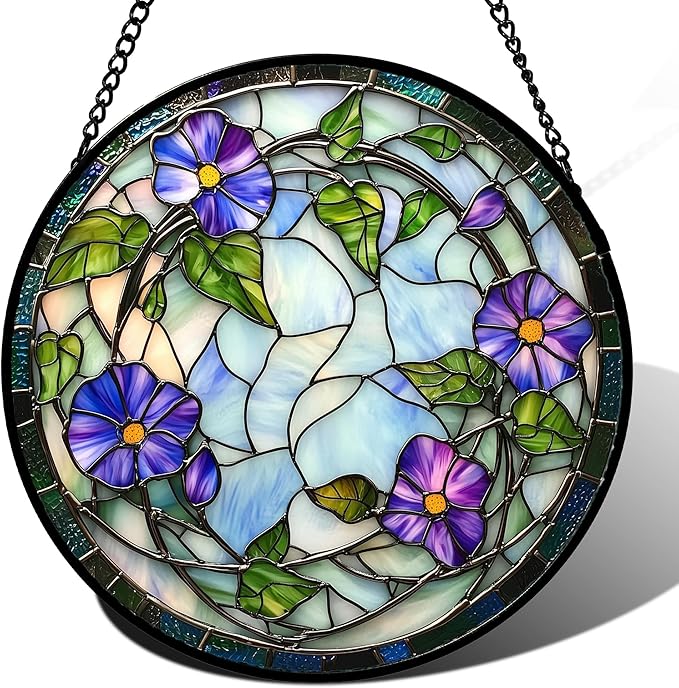Stained Glass Window Hanging, Purple Morning Glory Flowers Suncatcher for Doors Window Home Plant Sun Catchers Decoration Mother's Day Birthday Gifts for Women, Men, and Mom 11.8x11.8 in