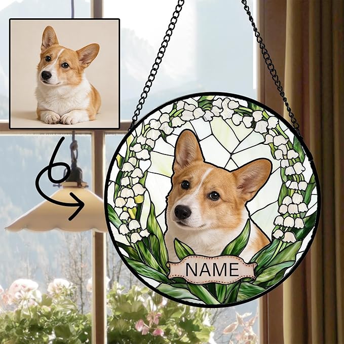 Personalized Dog Memorial Gifts for Loss of Dog, Custom Pet Photo Stained Glass Window Hanging, Labrador Owners Memorial Suncatcher Picture Potrait Ideas Gift for Cat Lovers Grandma Mom