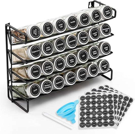4-Tier Spice Rack Organizer Set ??Wall Mounted or Countertop ??Includes 28 Glass Spice Jars, 386 Spice Labels, Funnel, and Chalk Marker ??Kitchen Spice Storage Solution
