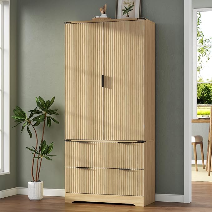 Loomie 71" Tall Kitchen Pantry Cabinet, Modern Fluted Storage Cabinet w/2 Drawers, 5 Adjustable Shelves & 7 Door Shelves, Wine Bar Cabinet w/Wine Rack & Glass Holder, Cupboard for Kitchen (Natural)