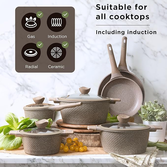 Pots and Pans set for cooking nonstick, 10Pcs, Durable Aluminum cookware set, PFOA-free, Kitchen pans set with glass lid, Induction safe, Taupe (10)