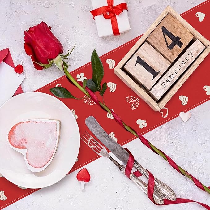 Valentines Day Table Runner 13x60 Inch, Love Hearts Valentine Table Runner, Anniversary Home Kitchen Dining Table Holiday Party Decorations (Red)