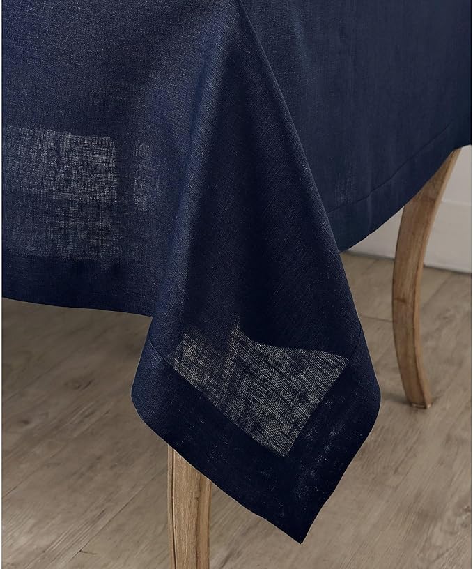 Solino Home Linen Navy Blue Tablecloth 60 x 90 Inch - 100% Pure Linen Rectangular Tablecloth - Machine Washable Table Cloth for Winter, Spring, Easter - Fete
