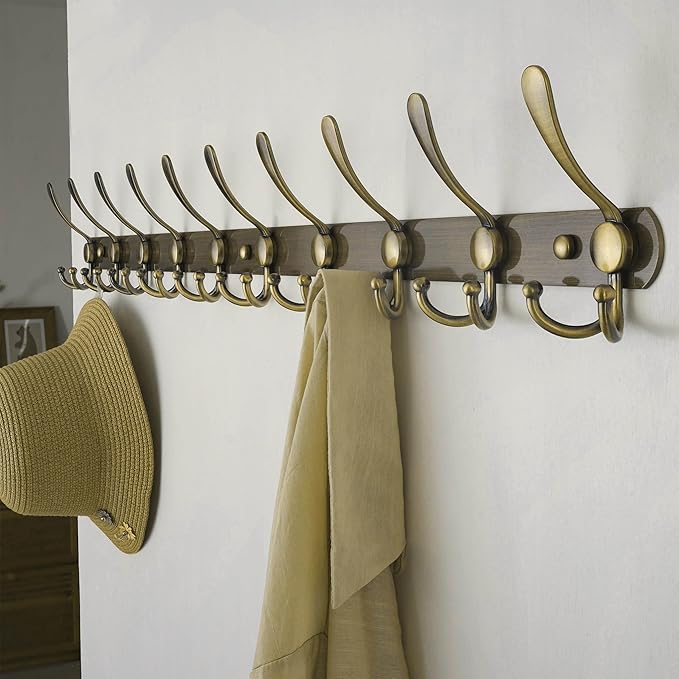 Dseap Coat Rack Wall Mount - 38??Long 10-Tri-Hooks Heavy Duty Coat Hanger Rail Wall Hooks for Hanging Coats Hats Clothing Clothes Purse Mudroom Entryway, Bronze