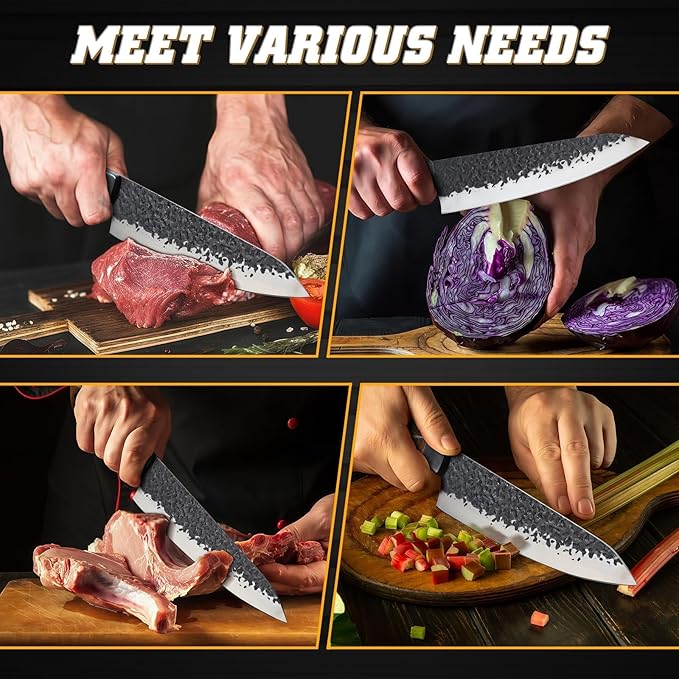 Huusk Japanese Chef Knife 8 inch, Hand Forged Kitchen Knives with Ergonomic Full Tang Handle, High Carbon Steel Cooking Knife for Home Kitchen, BBQ, Camping, Christmas Gifts for Man