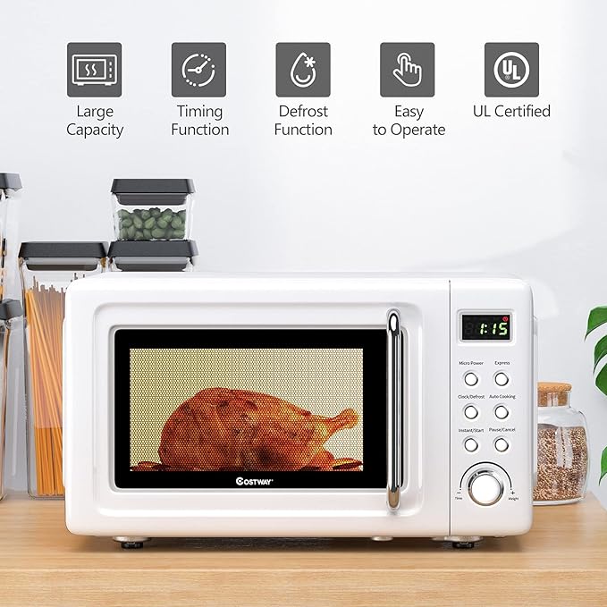 COSTWAY Retro Countertop Microwave Oven, 0.7Cu.ft, 700-Watt, High Energy Efficiency, 5 Micro Power, Delayed Start Function, with Glass Turntable & Viewing Window, LED Display, Child Lock (White)