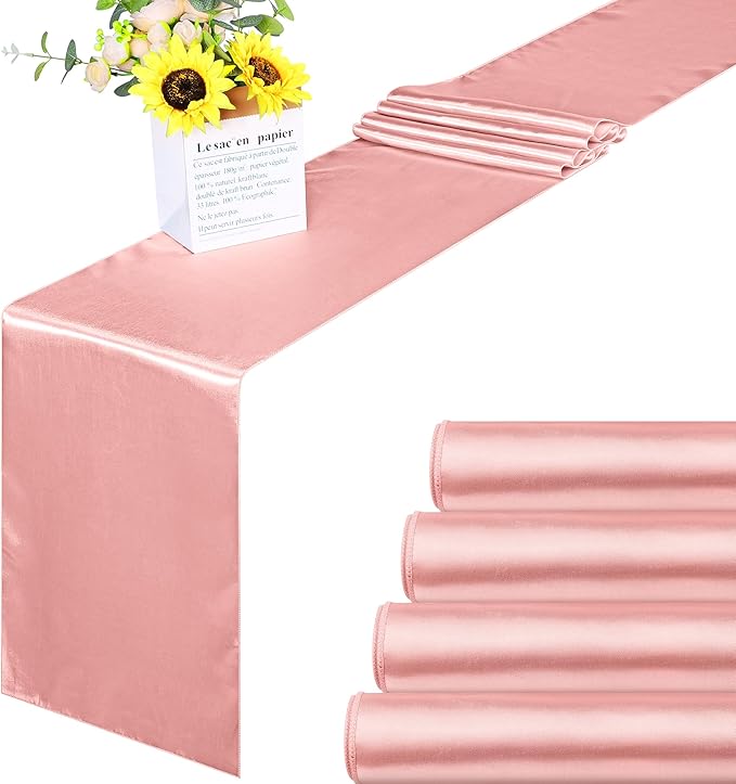 Aneco 4 Pack Satin Table Runner 12 x 108 Inch Long Bright Silk and Smooth Fabric Party Table Runner for Wedding Banquet Party Decoration- Rose Gold