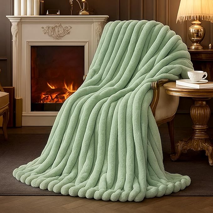 Am챕lie Home Faux Fur Throw Blanket for Couch, Cozy Fuzzy Fluffy Fur Luxurious Soft Striped Plush Gift Blankets for Family Sofa Chair Bedroom, 55"x70", Sage Green