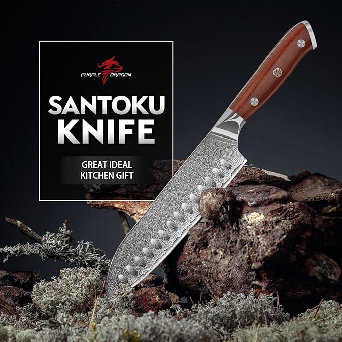 Purple Dragon Santoku Knife 7 Inch, VG10 Steel Damascus Japanese Chef Knife for Kitchen Cooking Meat Cleaver, Cutting Vegetables and Fruit - Christmas Gift for Men and Women