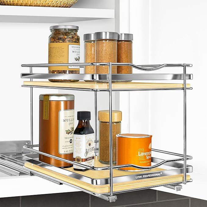 LYNK PROFESSIONAL짰 횋lite??Pull Out Spice Rack Organizer for Inside Kitchen Cabinets - 8-3/8 inch Wide - Slide Out Drawer ??Wood/Chrome Sliding Spice Cabinet Organization Shelf Racks - 2 Tier