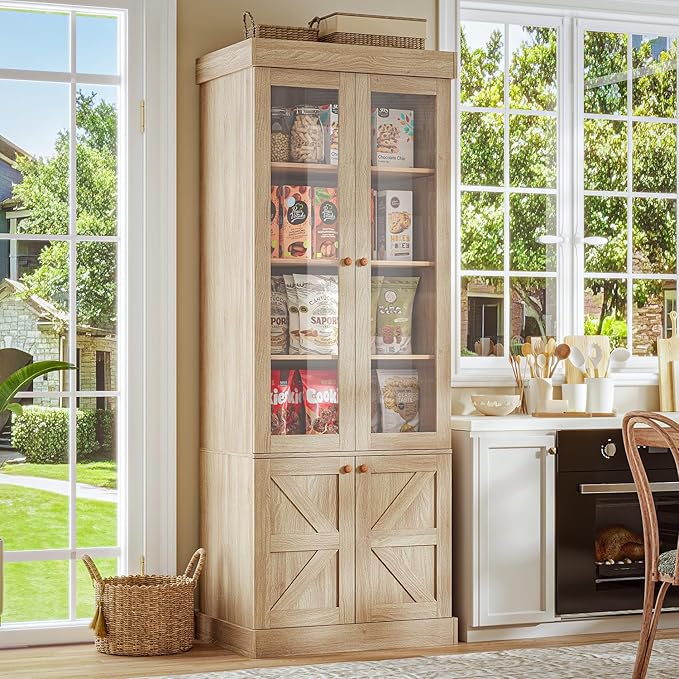 Vyre 71" Tall Farmhouse Kitchen Pantry, Large Storage Cabinets with Glass Doors, Hutch Cabinet with 3 Drawers & Adjustable Shelves for Living Room & Dining Room, Brown
