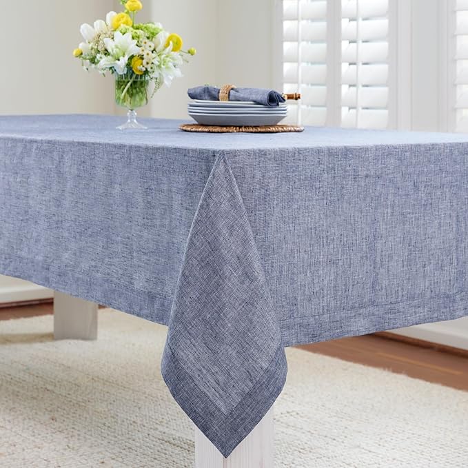 Solino Home Linen Tablecloth 60 x 120 Inch - 100% Pure Linen Chambray Indigo Table Cloth for Rectangle Tables - Athena, Machine Washable Tablecloth for Spring, Easter