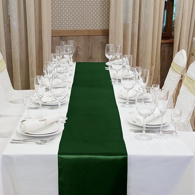 ANECO 4 Pack Satin Table Runner 12 x 108Inch Long Bright Silk and Smooth Fabric Party Table Runner for Wedding Banquet Party Decoration- Forest Green