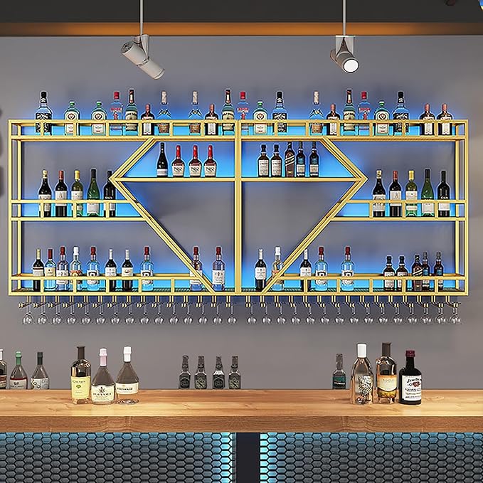 63in Metal Wine Rack Wall Mounted, Modern Wine Storage Rack Wall Mounted with Wine Glass Holder, Liquor Shelf, Bar Shelves for Liquor Bottles (3 Tiers Gold, 63 * 7.87 * 33.85INCH)