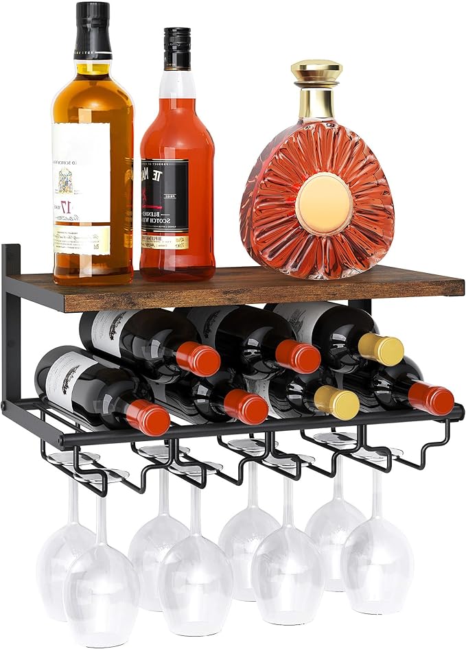 2 Tiers Wine Rack Wall Mounted with Wine Bottle Holder & Wine Glass Rack, Bar Shelves for Liquor Bottles, Hanging Wine Rack, Wine Storage Display Rack Shelf for Home Bar,Dining Room,Kitchen,Rustic