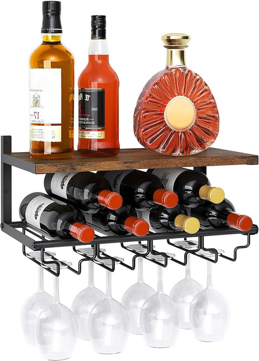 2 Tiers Wine Rack Wall Mounted with Wine Bottle Holder & Wine Glass Rack, Bar Shelves for Liquor Bottles, Hanging Wine Rack, Wine Storage Display Rack Shelf for Home Bar,Dining Room,Kitchen,Rustic