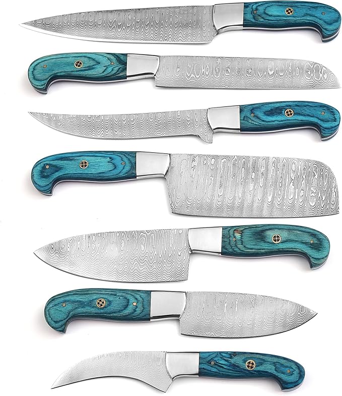 101-7 Stainless Steel Damascus Kitchen Knife Set Hand Forged Butcher Chef Knife Set with Roll Bag Sharp Meat Cleaver Bone Chopper Fillet Knives for Home Camping BBQ Gift for Men 101-7 (7)