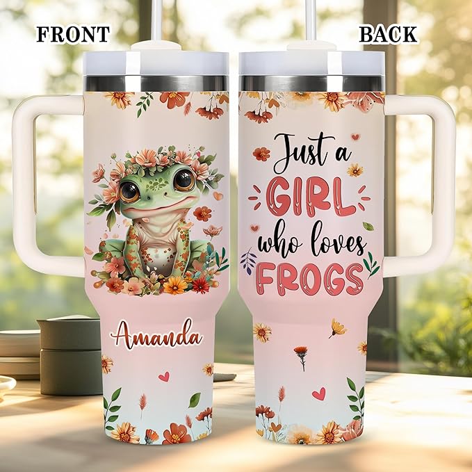 AGGLOMEKC Personalized Cute Frog Cup - Mother's Day Birthday Gift For Animal Lovers - Just A Girl Who Loves Frog Tumbler 40oz With Custom Name - Pet Lover Gifts For Women, Her