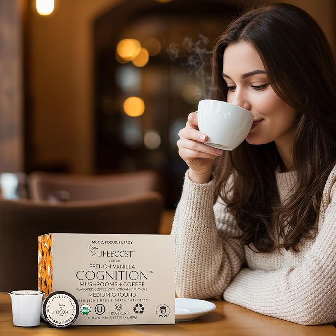 Lifeboost French Vanilla Cognition Mushroom Coffee Pods - Low Acid Organic K-Cups with Lion?셲 Mane & Chaga Nootropic Mushrooms for Focus, Energy & Immune Support - 10 Count