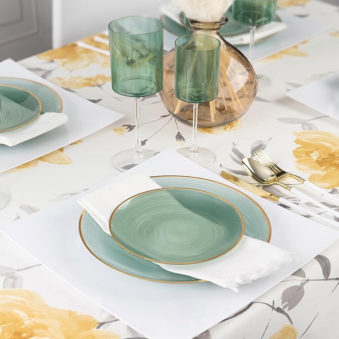PLASTICPRO 128 Pieces Crystal Design Plastic Plates Combo Pack 7 inch and 10 inch Gold Rim Elegant Disposable Plates, Transparent Green