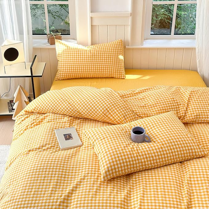 LifeTB Queen Comforter Set Modern Style Yellow Gingham Comforter Geometric Plaid Printed Bedding Comforter with 2 Pillow Shams Fluffy Lightweight Gingham Bedding Grid Checkered Comforter Set