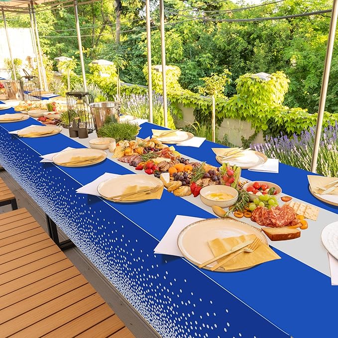3Pcs Blue and Silver Tablecloth Party Decorations,Plastic Royal Blue Table Cloth Printed Silver Table Runner Disposable Rectangle Tables Cover for Anniversary Wedding Graduation 2025 Party,54x108 Inch