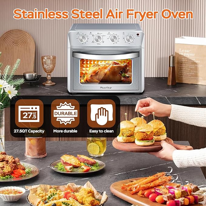 27.5QT 6-in-1 Air Fryer Toaster Oven Extra Large Dropdown-Door 6-Slice Convection Oven for Air Frying, Baking, Roasting, Broiling & Grilling, Stainless Steel Housing, Stainless Steel