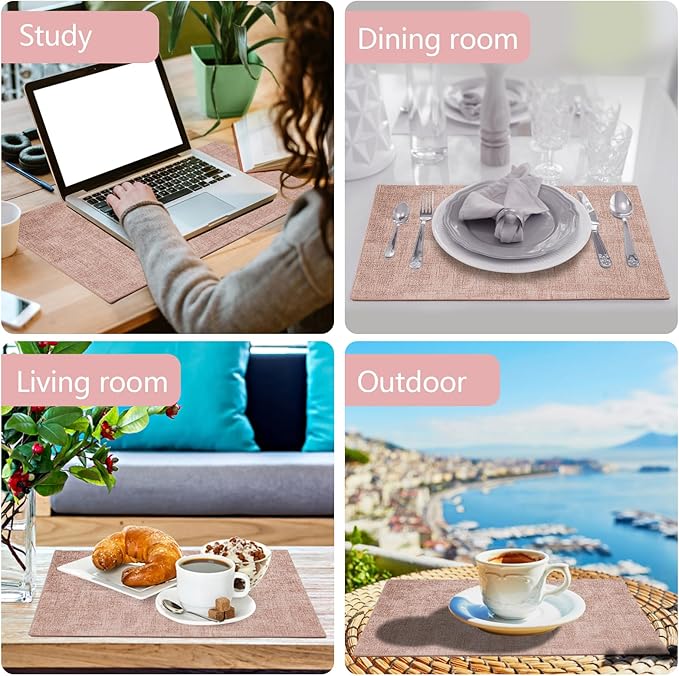 JUCCWARM Faux Leather Placemats Set of 6,Heat Resistant Placemats for Dining Table, Easy Clean Non-Slip Place Mats, Waterproof Stain Resistant Wipeable Washable PU Table Mats, (Pink)
